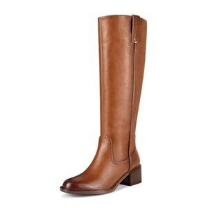 Women Knee High Boots Chunky Heel Round Toe Leather Tall Side Zipper Boot